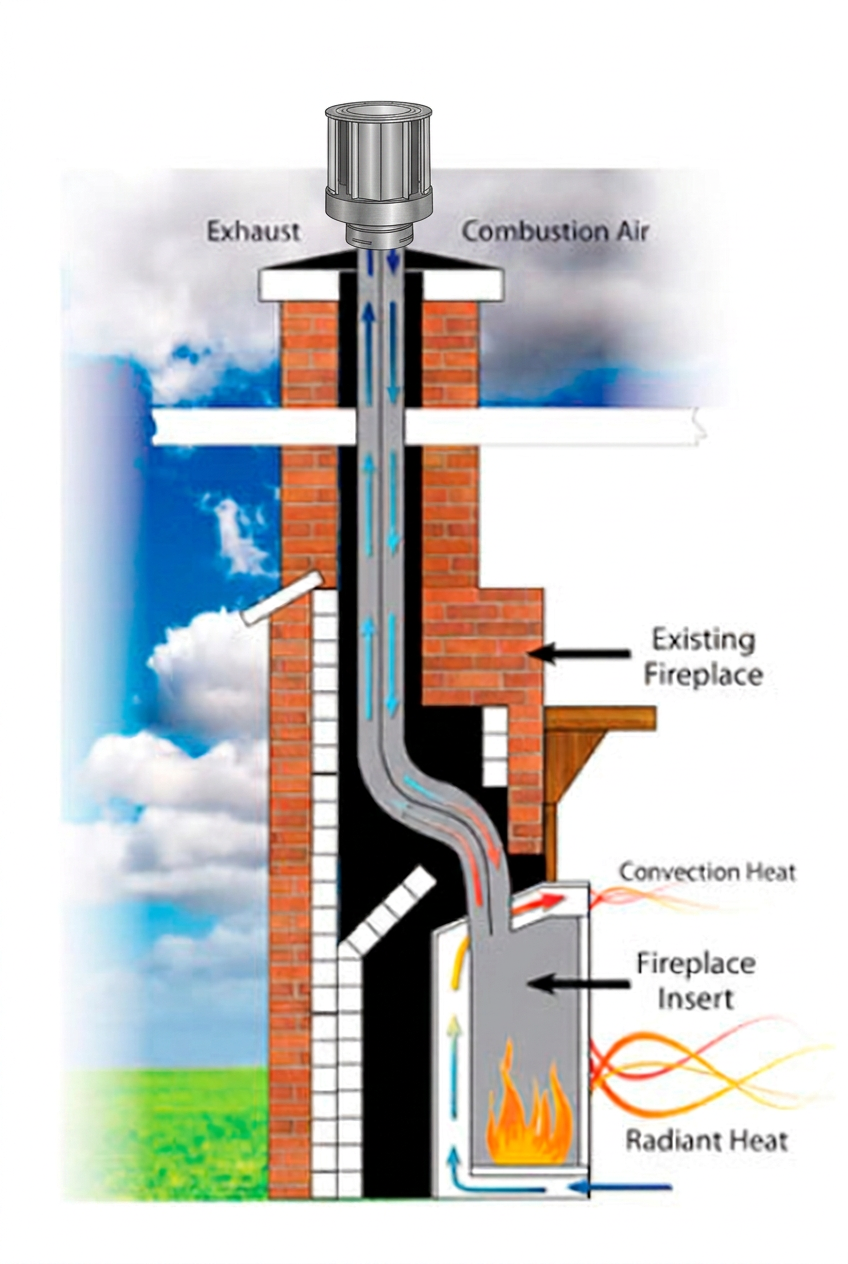 Diagram showing how a fireplace insert works with exhaust, combustion air, convection heat, and radiant heat flow, topped by a DuraVent high wind cap