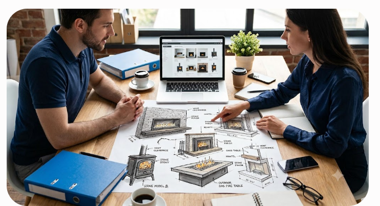 Designer and client reviewing fireplace selections