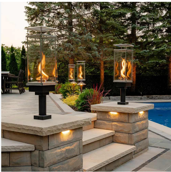 Outdoor fire features and torches